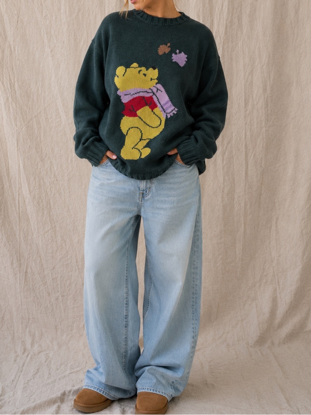 Vintage Disney Winnie the Pooh Fall Leaves Green Sweater XL